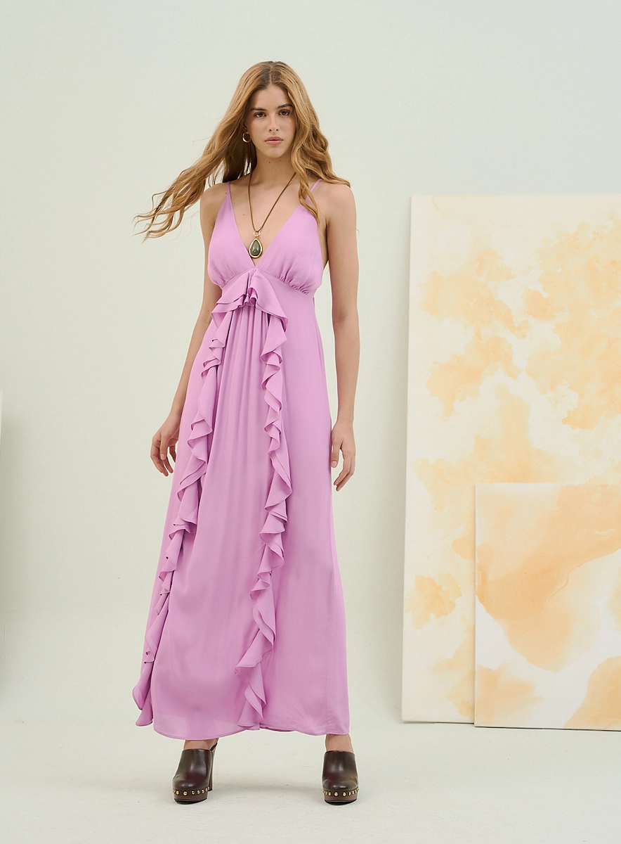 Vestido Longo Com Babados E Decote Em V Roxo Souisy