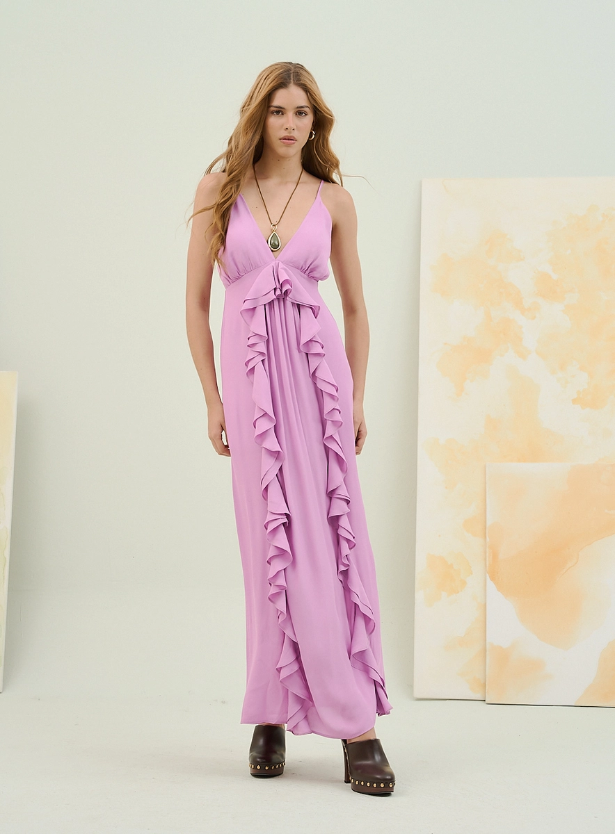 Vestido Longo Com Babados E Decote Em V Roxo Souisy