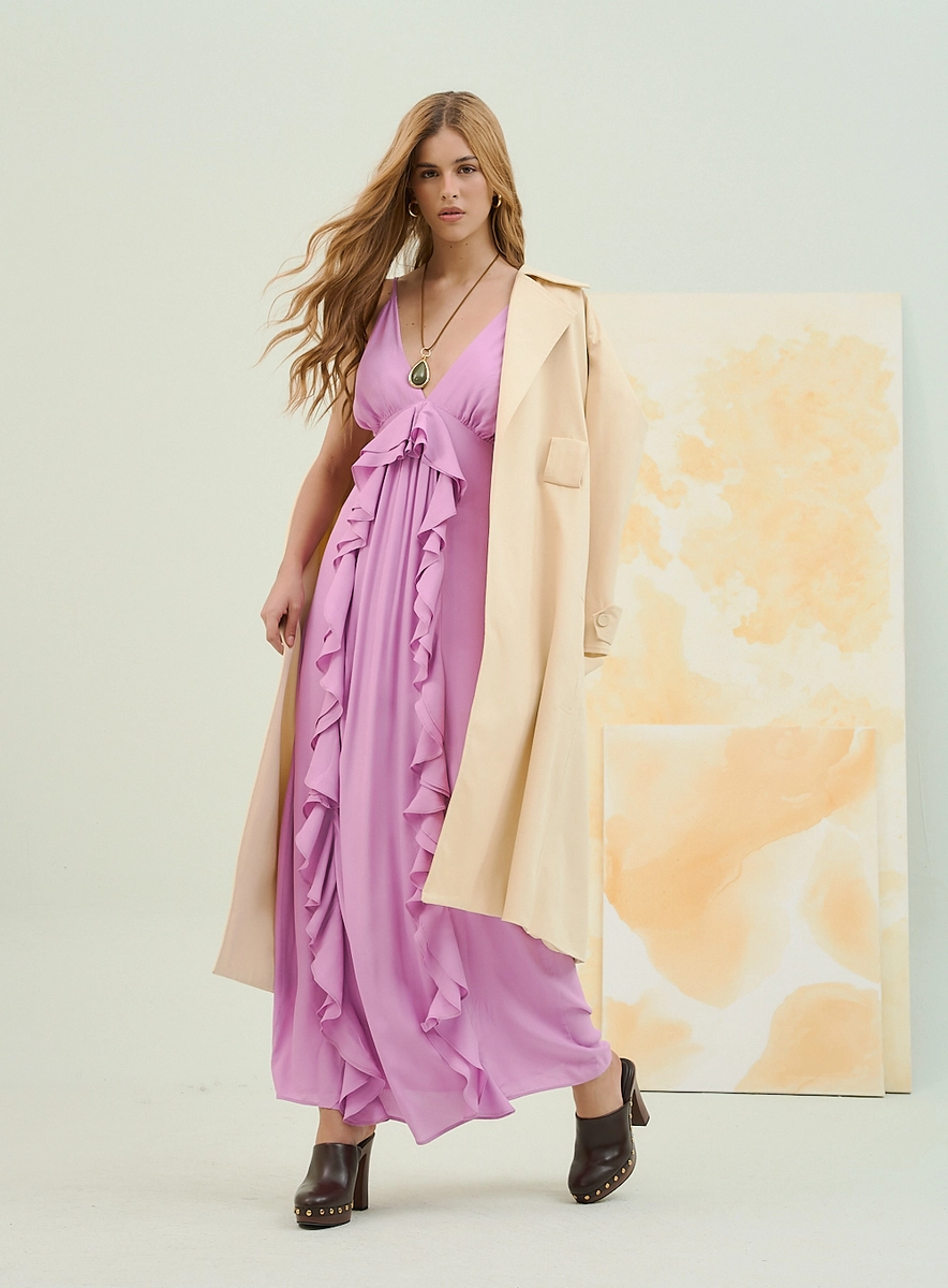 Vestido Longo Com Babados E Decote Em V Roxo Souisy
