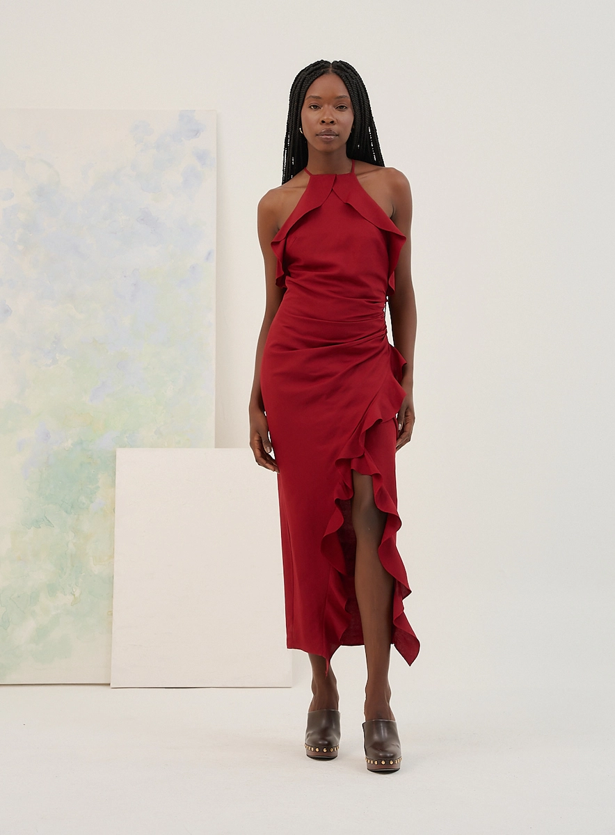 Vestido Midi Halter Com Babado Lateral Bordô Souisy