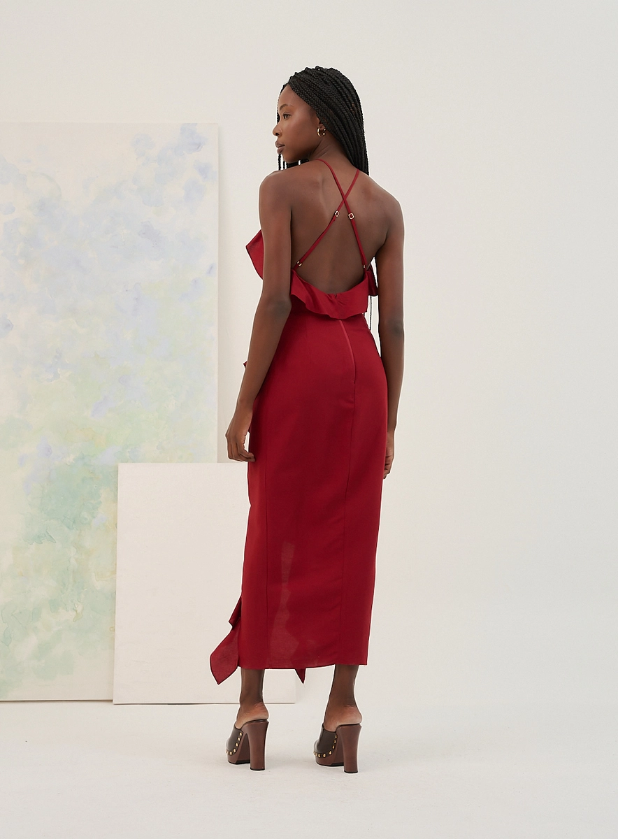Vestido Midi Halter Com Babado Lateral Bordô Souisy