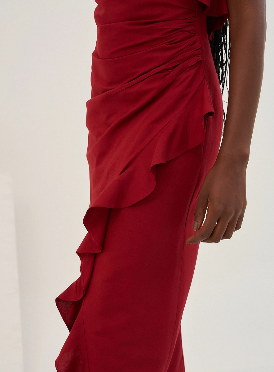 Vestido Midi Halter Com Babado Lateral Bordô Souisy