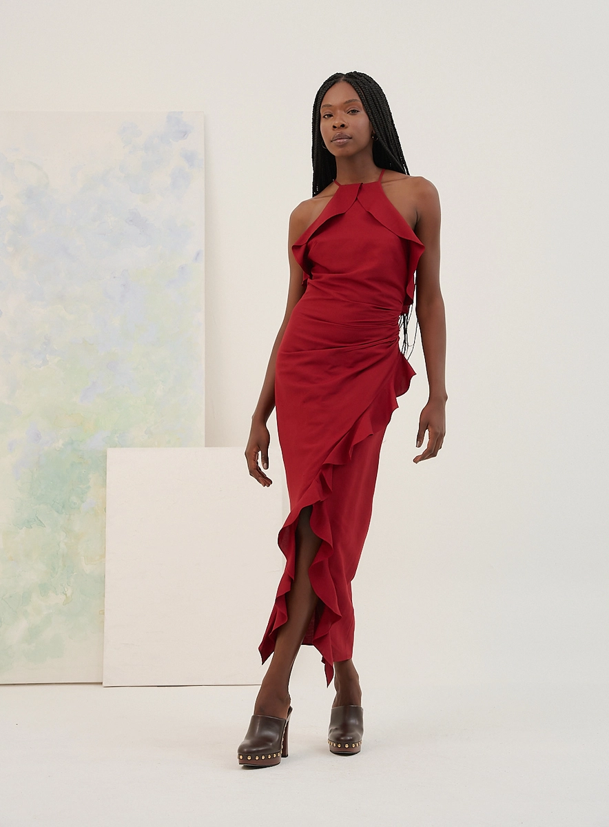 Vestido Midi Halter Com Babado Lateral Bordô Souisy