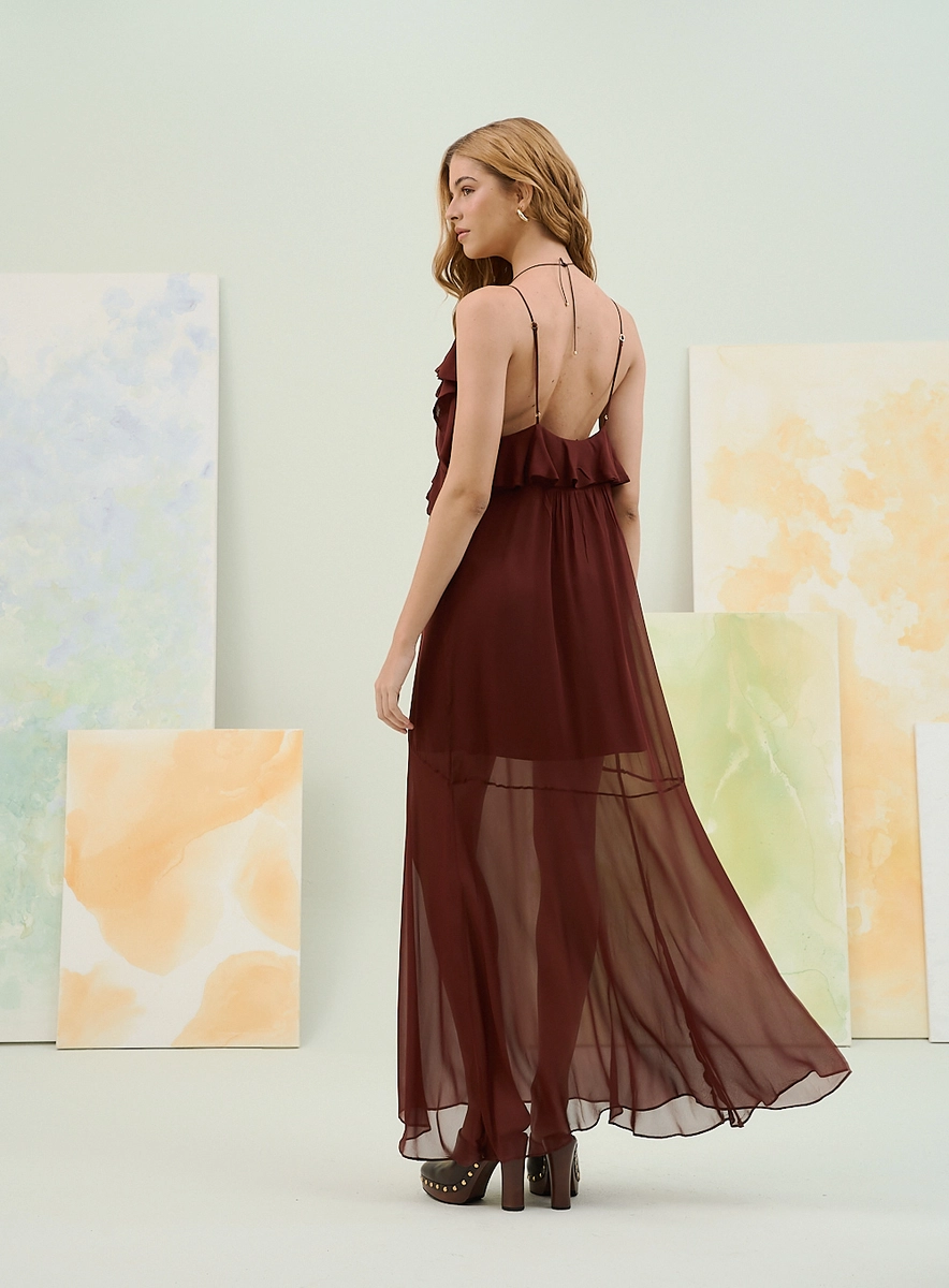Vestido Com Babados E Com Transparência Na Barra Marrom Souisy
