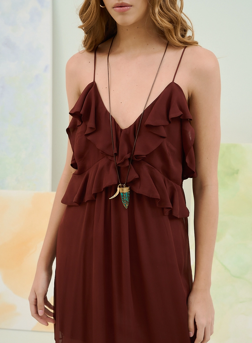 Vestido Com Babados E Com Transparência Na Barra Marrom Souisy