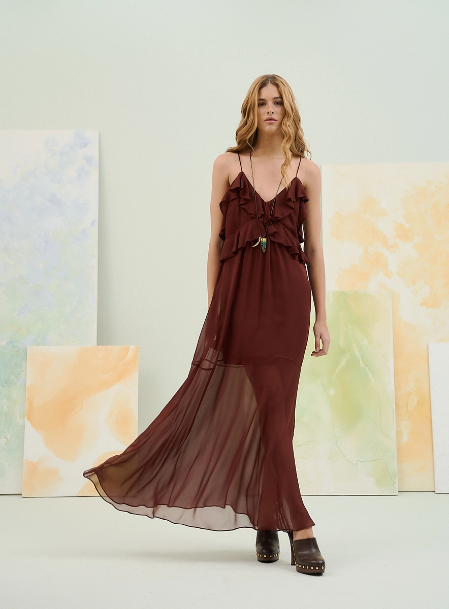 Vestido Com Babados E Com Transparência Na Barra Marrom Souisy