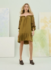 Vestido Ombro A Ombro Com Manga Longa Bordada