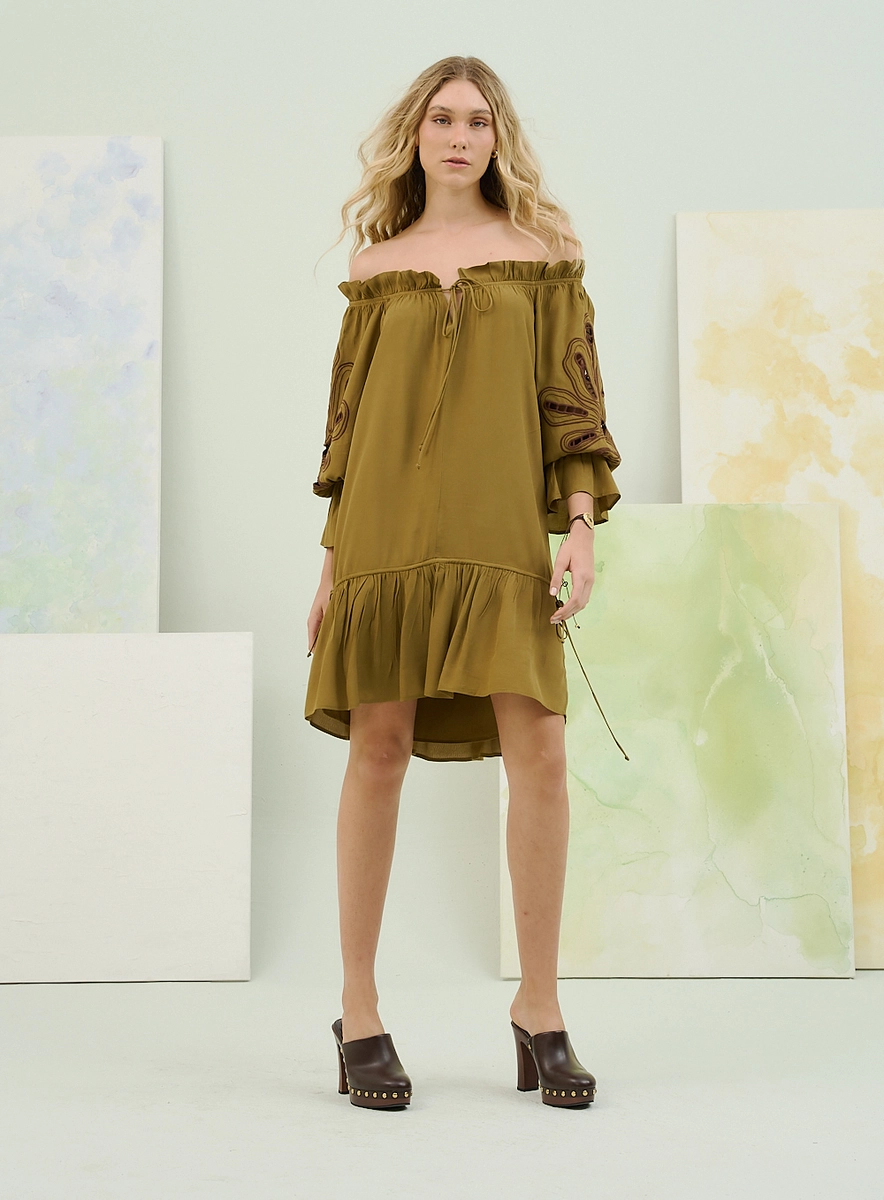 Vestido Ombro A Ombro Com Manga Longa Bordada Verde Souisy