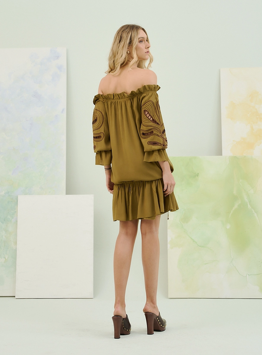 Vestido Ombro A Ombro Com Manga Longa Bordada Verde Souisy