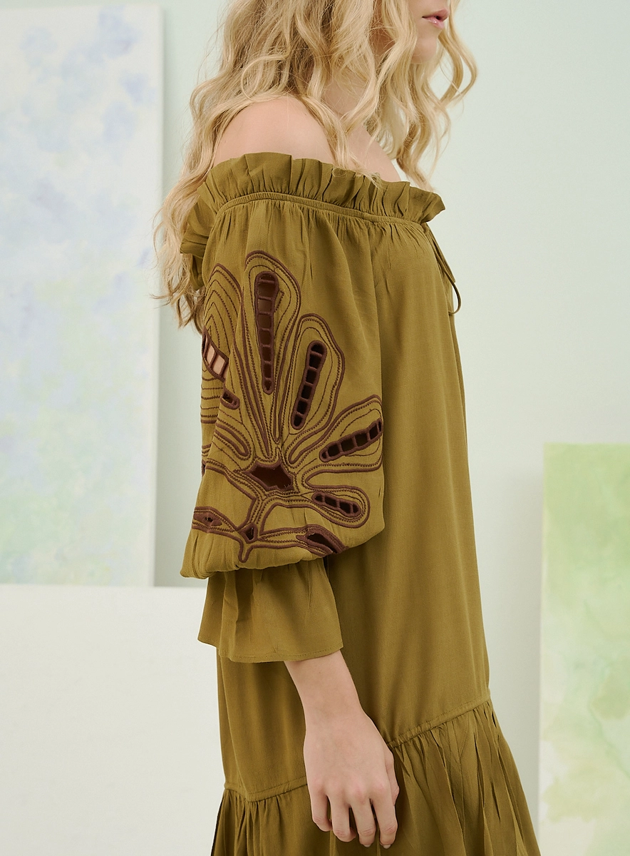 Vestido Ombro A Ombro Com Manga Longa Bordada Verde Souisy