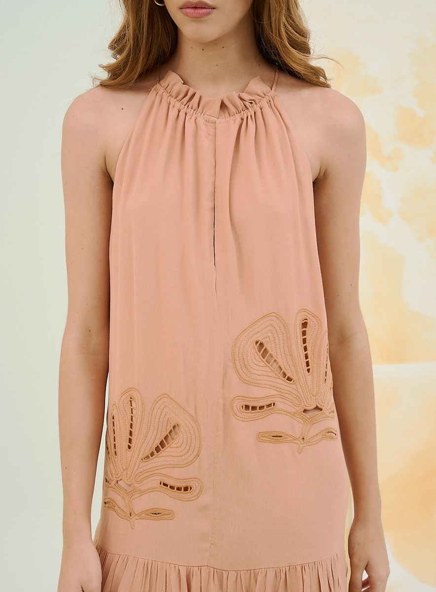 Vestido Midi Com Bordado E Decote Halter Bege Souisy