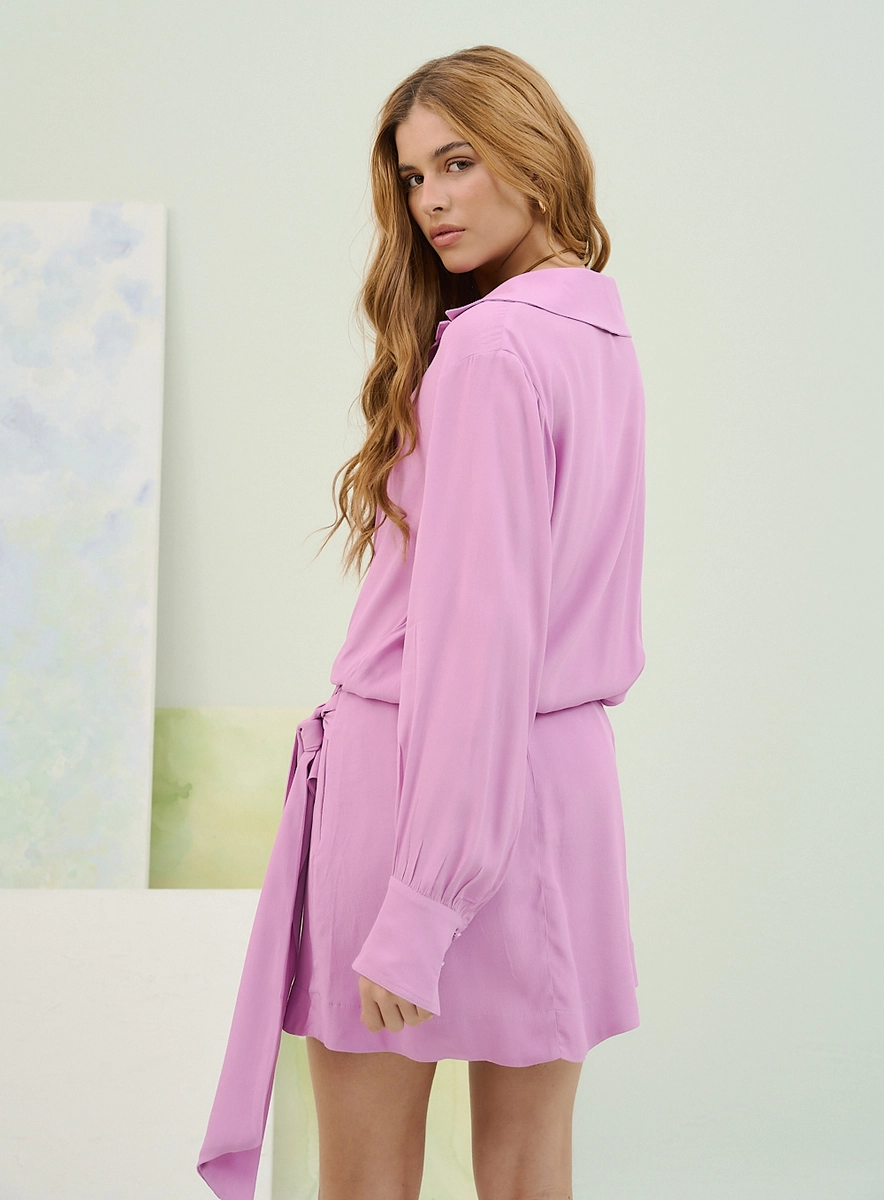 Vestido Curto Estilo Camisa Com Saia Transpassada Rosa Souisy