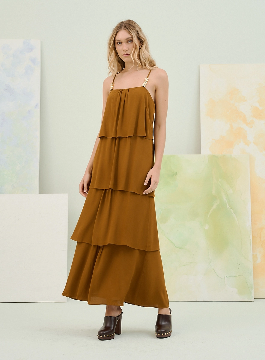 Vestido Longo Com Alça Fina E Aplique Metálico Marrom Souisy