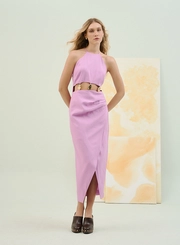 Vestido Midi Halter Com Recorte E Aplique Metálico