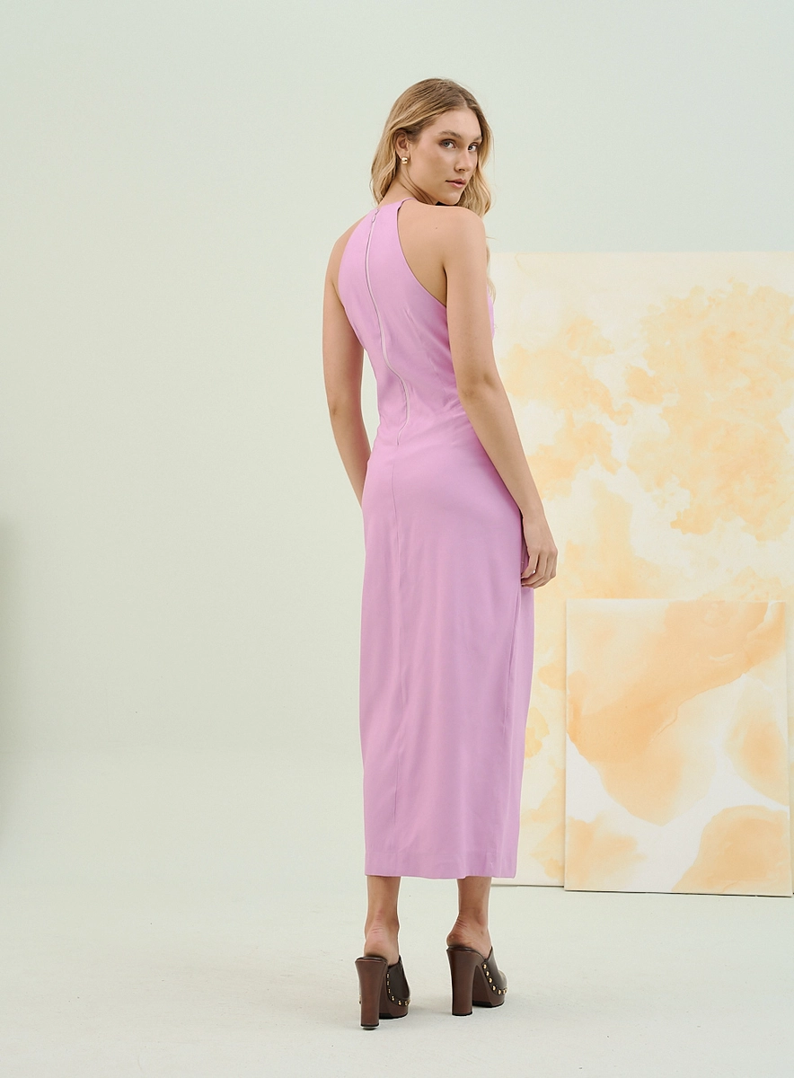 Vestido Midi Halter Com Recorte E Aplique Metálico Rosa Souisy