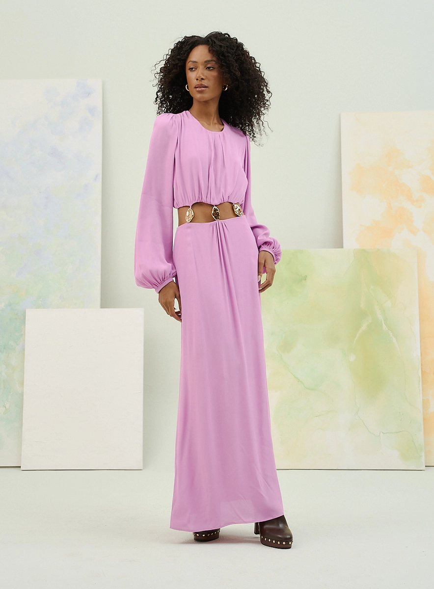 Vestido Longo Com Mangas Bufantes E Apliques Roxo Souisy