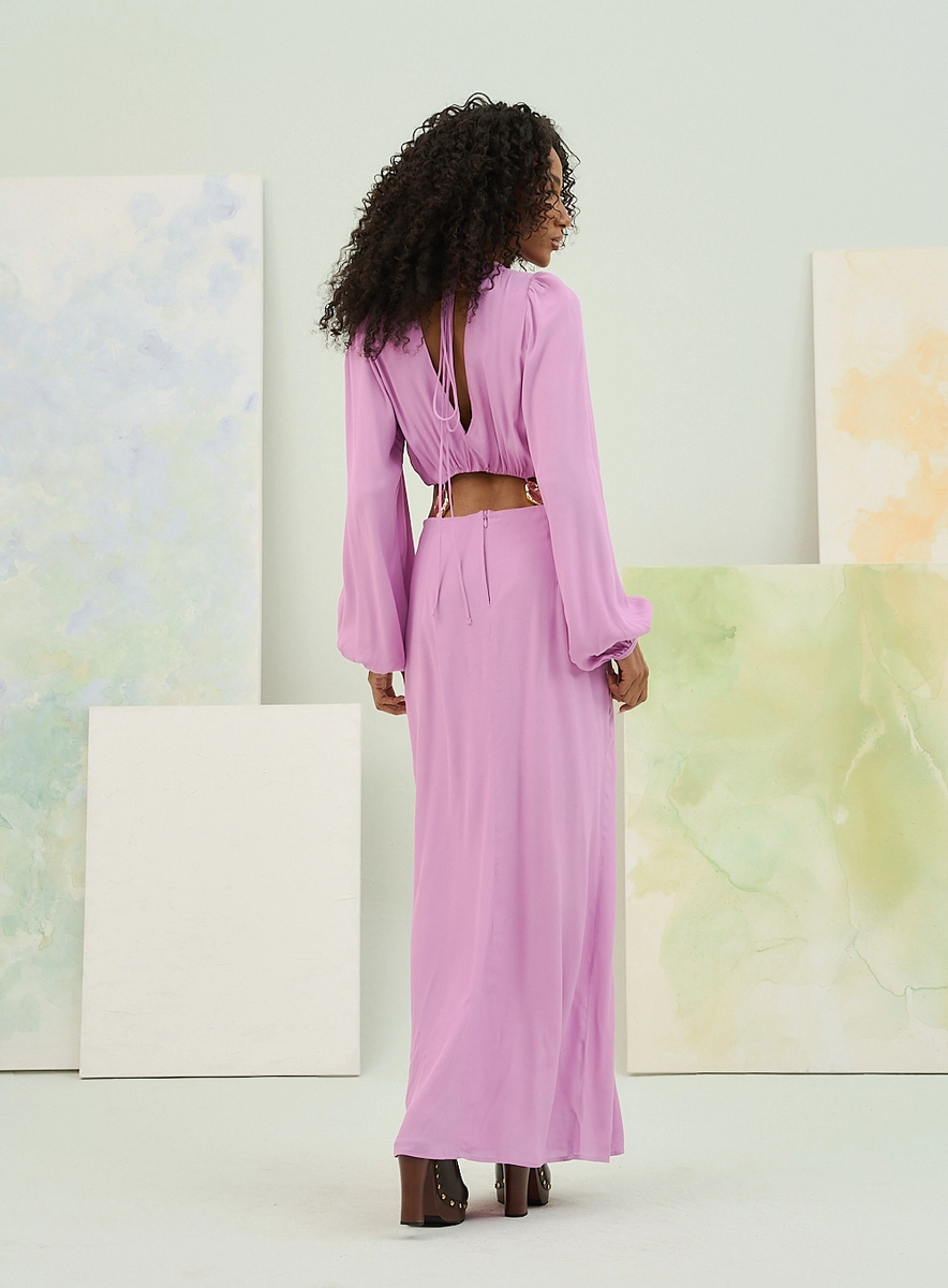 Vestido Longo Com Mangas Bufantes E Apliques Roxo Souisy