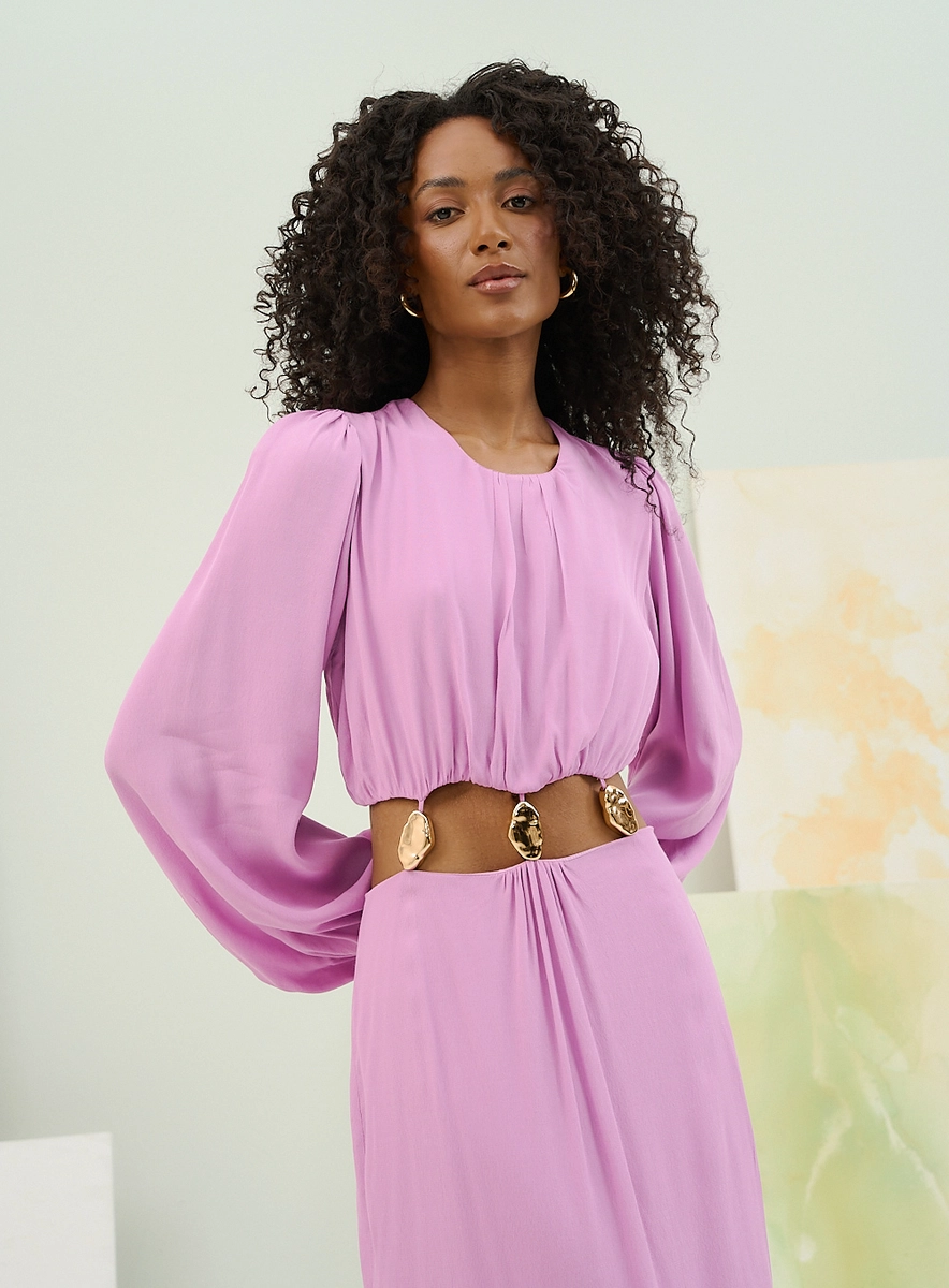Vestido Longo Com Mangas Bufantes E Apliques Roxo Souisy