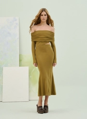 Vestido Midi Ombro A Ombro Com Manga Longa