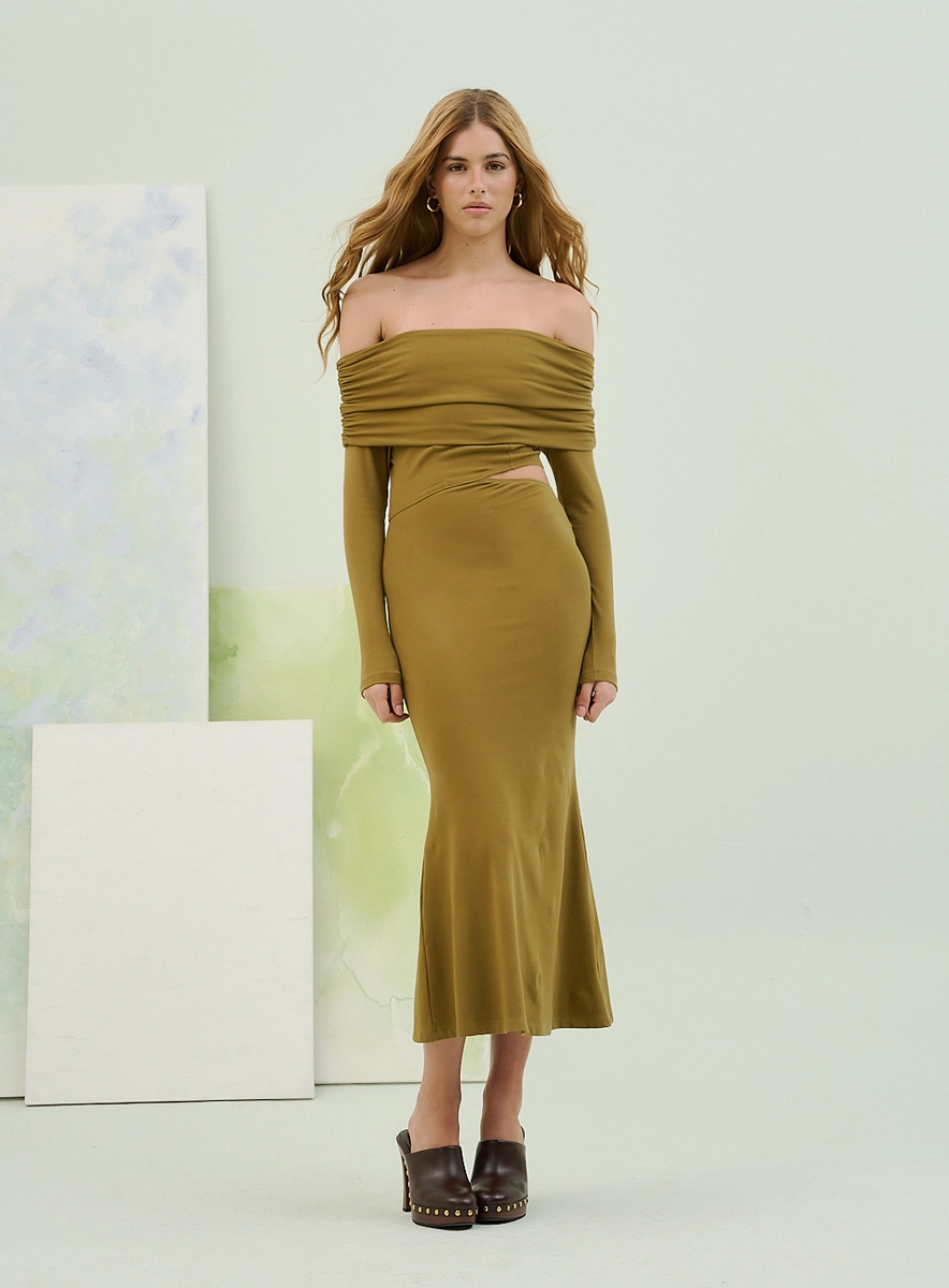 Vestido Midi Ombro A Ombro Com Manga Longa Verde Souisy