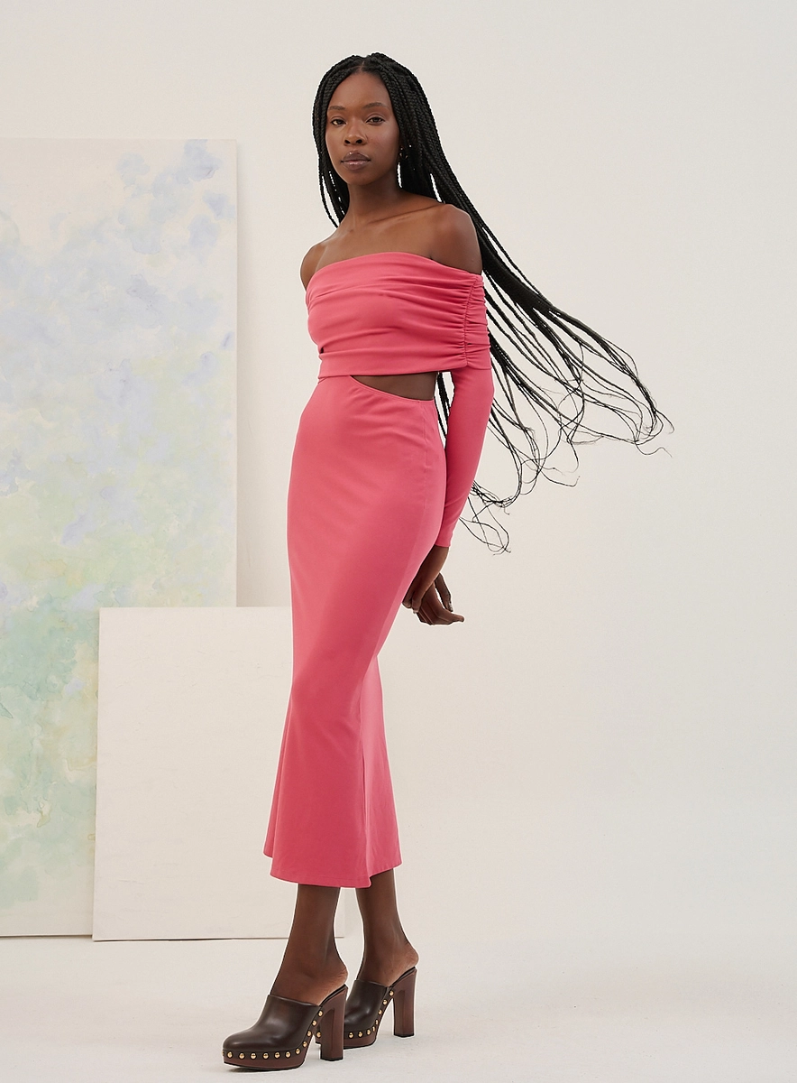 Vestido Midi Ombro A Ombro Com Manga Longa Verde Souisy