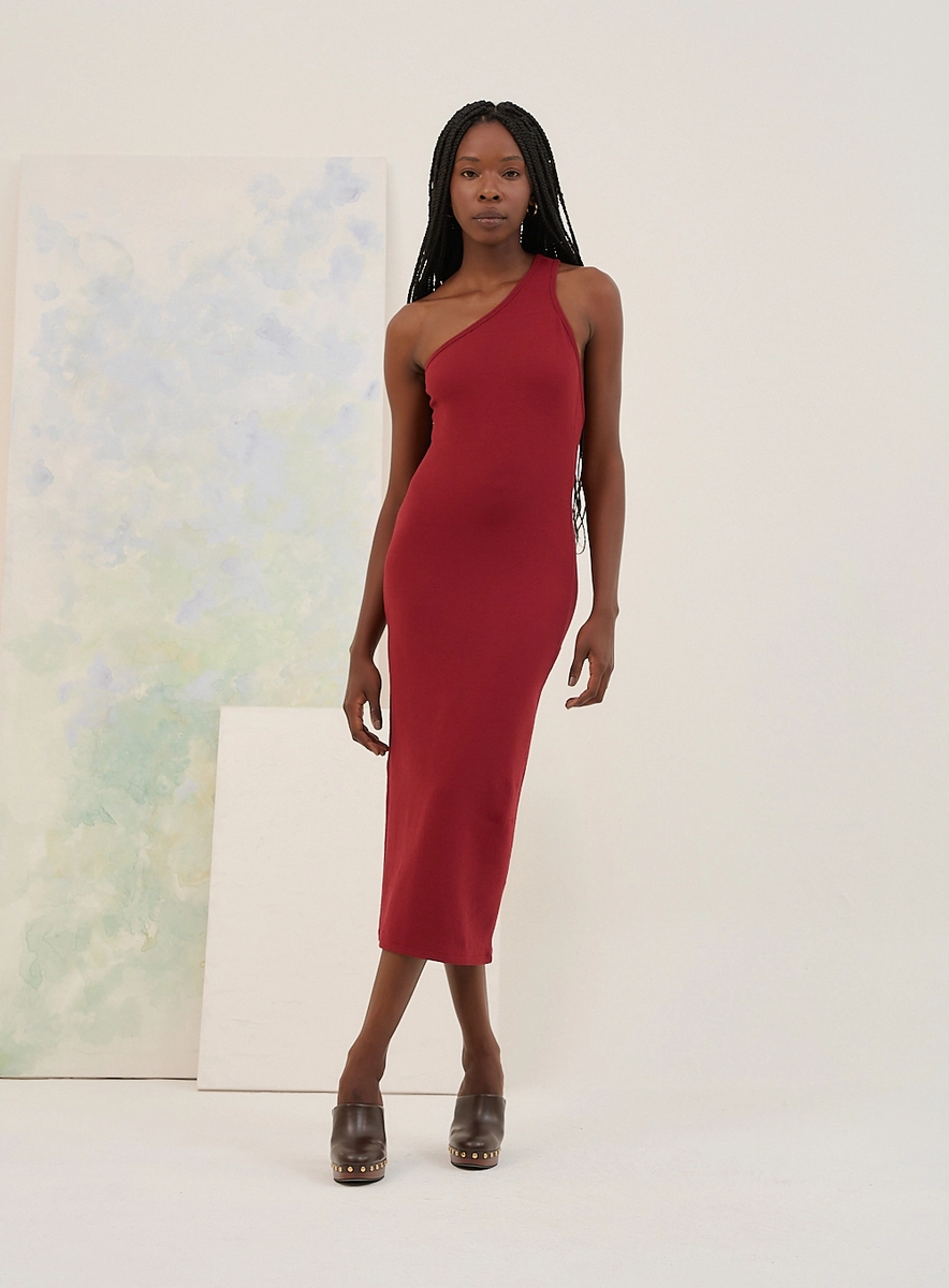 Vestido Midi Basic Comfort De Um Ombro Só Bordô Souisy