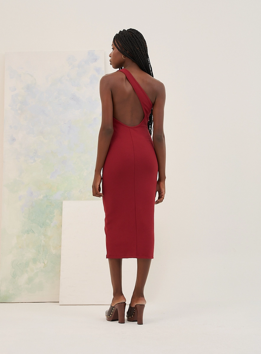 Vestido Midi Basic Comfort De Um Ombro Só Bordô Souisy