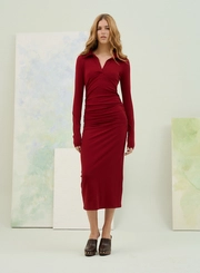 Vestido Midi Com Gola Polo E Manga Longa