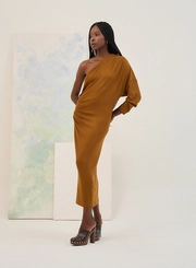 Vestido Midi One Shoulder Com Manga Única