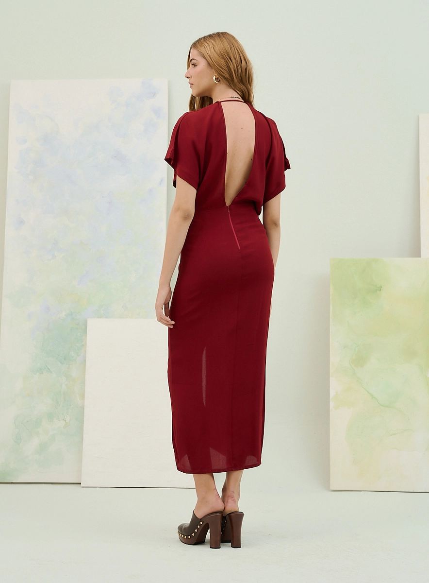 Vestido Midi Bordado Com Decote Em V Profundo Bordô Souisy