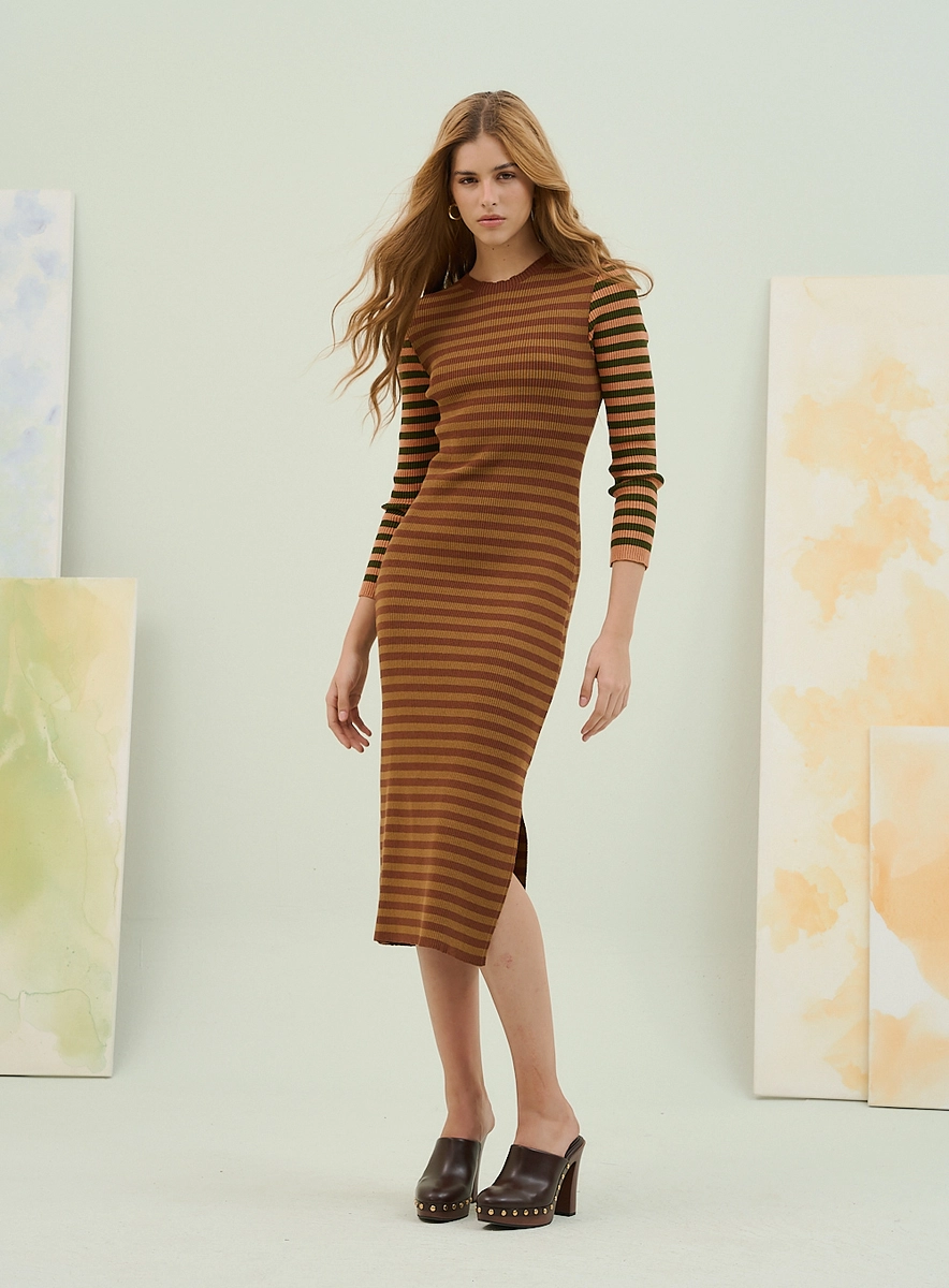 Vestido Midi Listrado Com Manga Longa Estampados Souisy