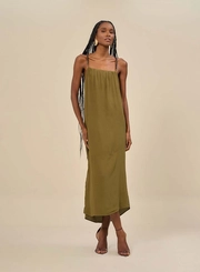 Vestido Midi Com Alças Finas E Franzido
