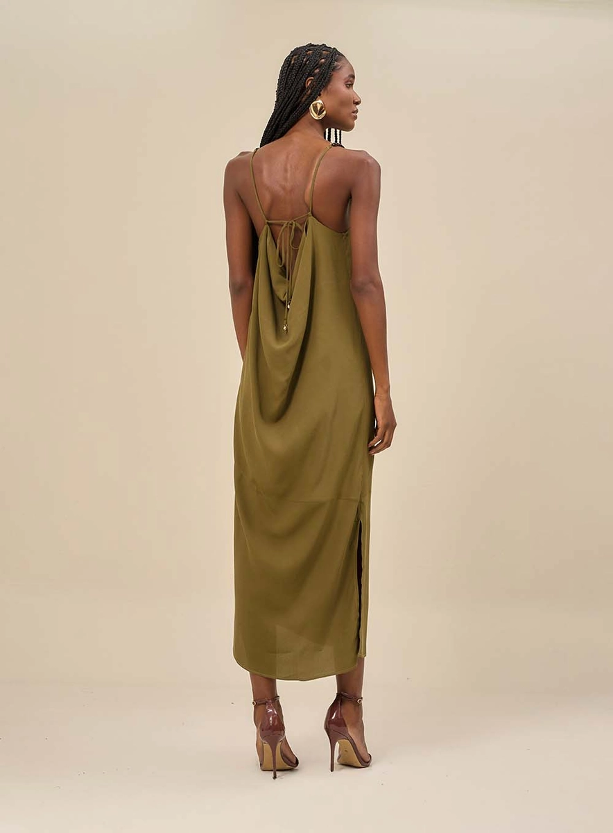 Vestido Midi Com Alças Finas E Franzido Verde Souisy
