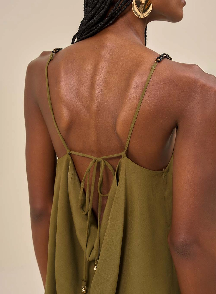 Vestido Midi Com Alças Finas E Franzido Verde Souisy