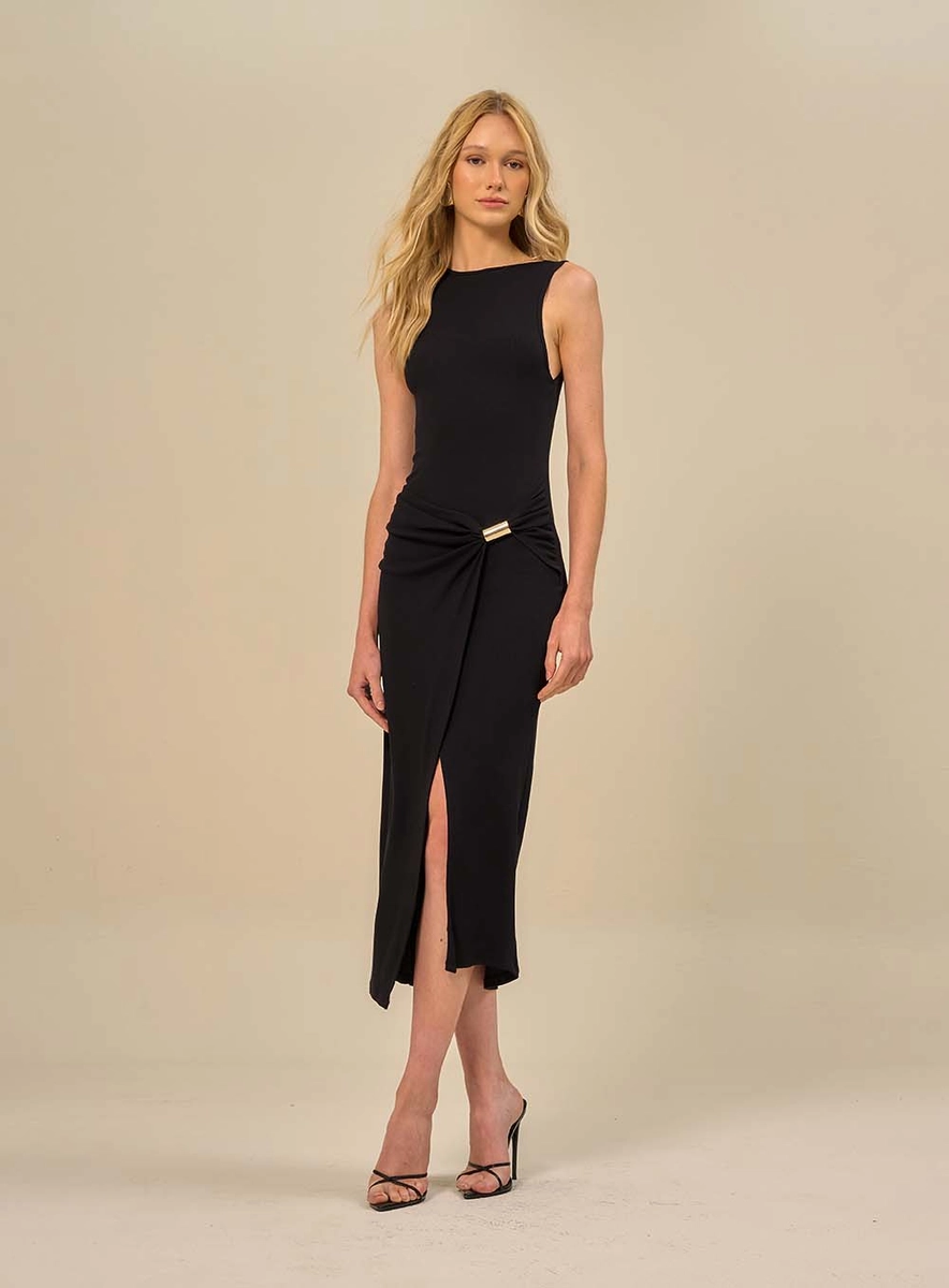 Vestido Midi Com Drapeado Lateral Preto Souisy
