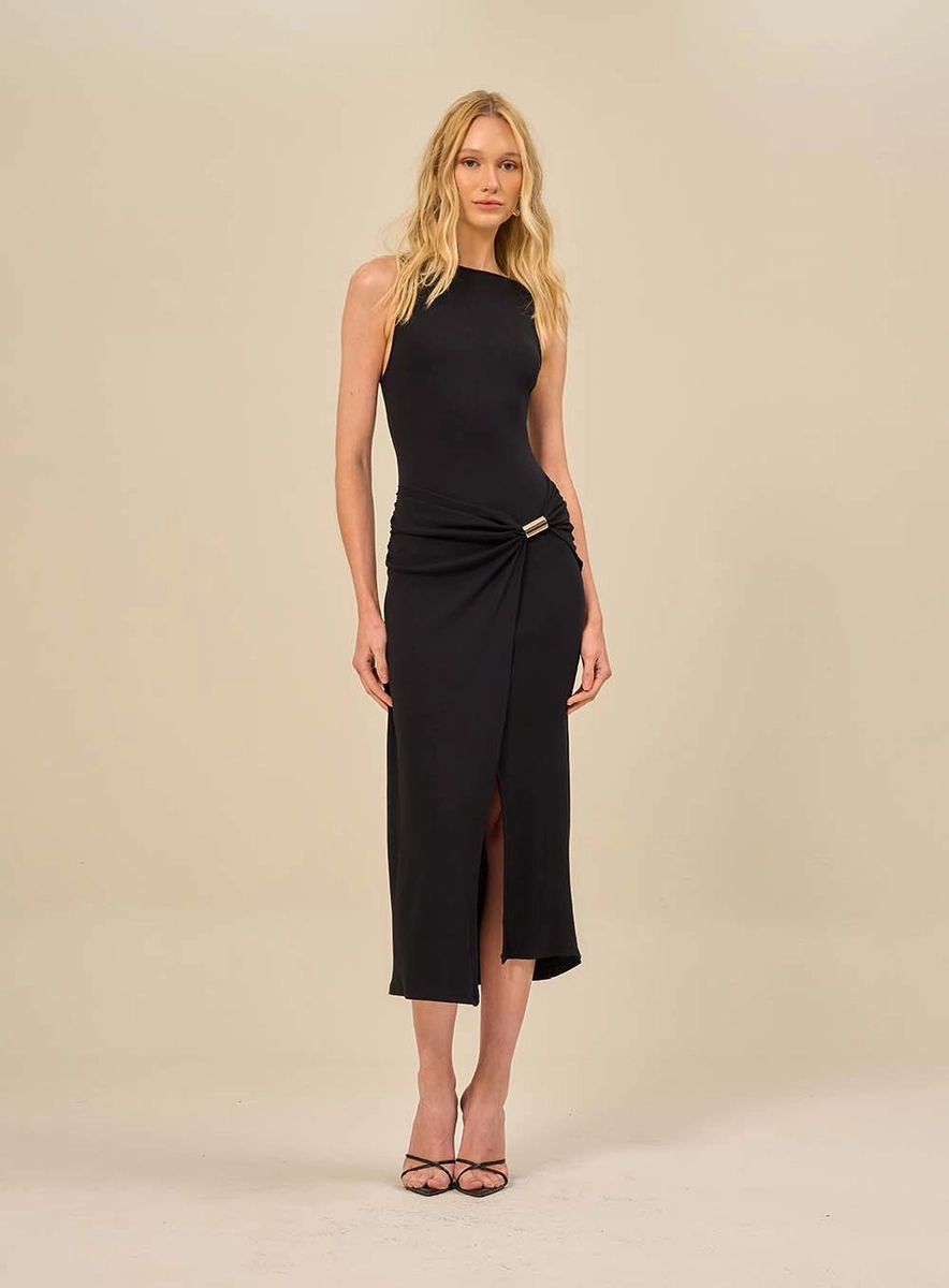 Vestido Midi Com Drapeado Lateral Preto Souisy