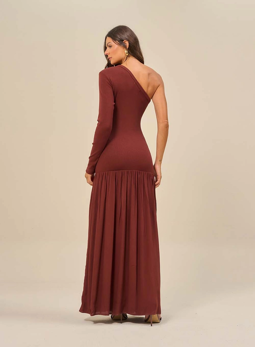 Vestido Longo Com Manga Longa Única Marrom Souisy