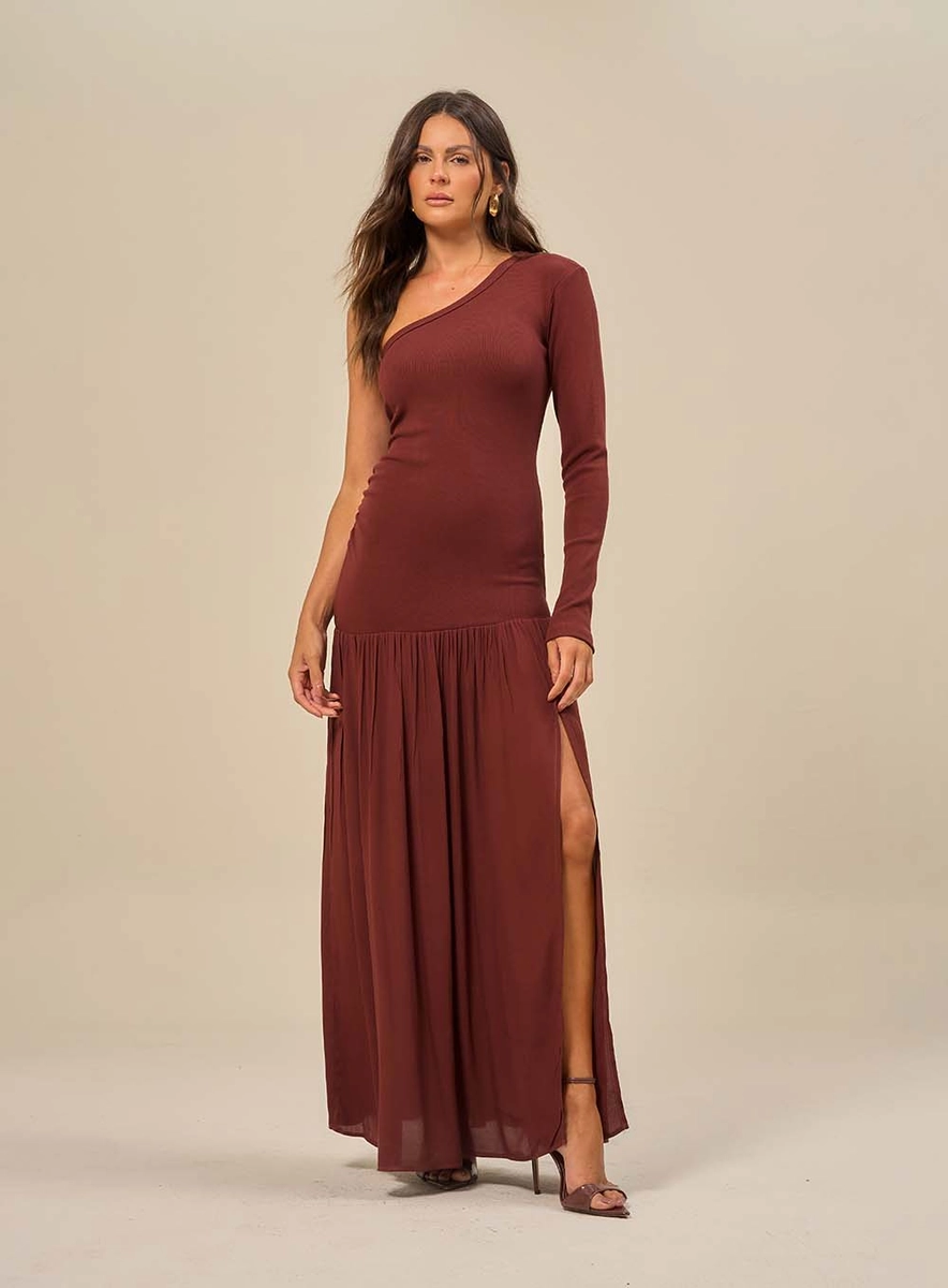 Vestido Longo Com Manga Longa Única Marrom Souisy
