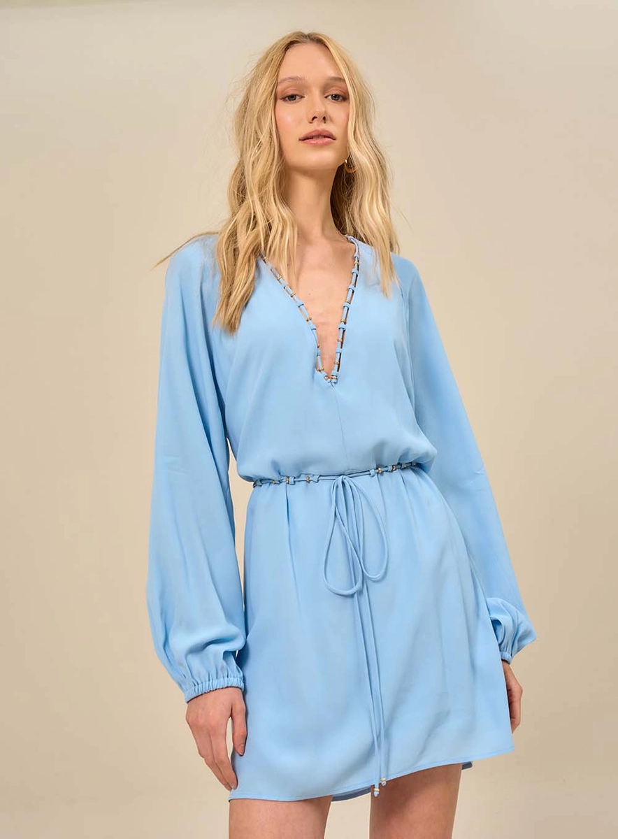 Vestido Curto Com Decote V E Mangas Longas Azul Souisy