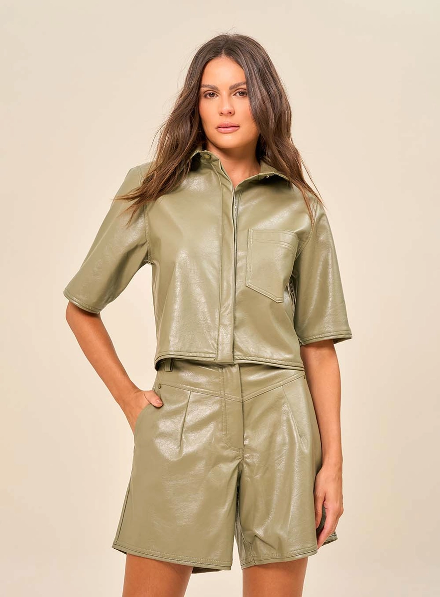 Short Com Cintura Alta Em Pu Verde Souisy