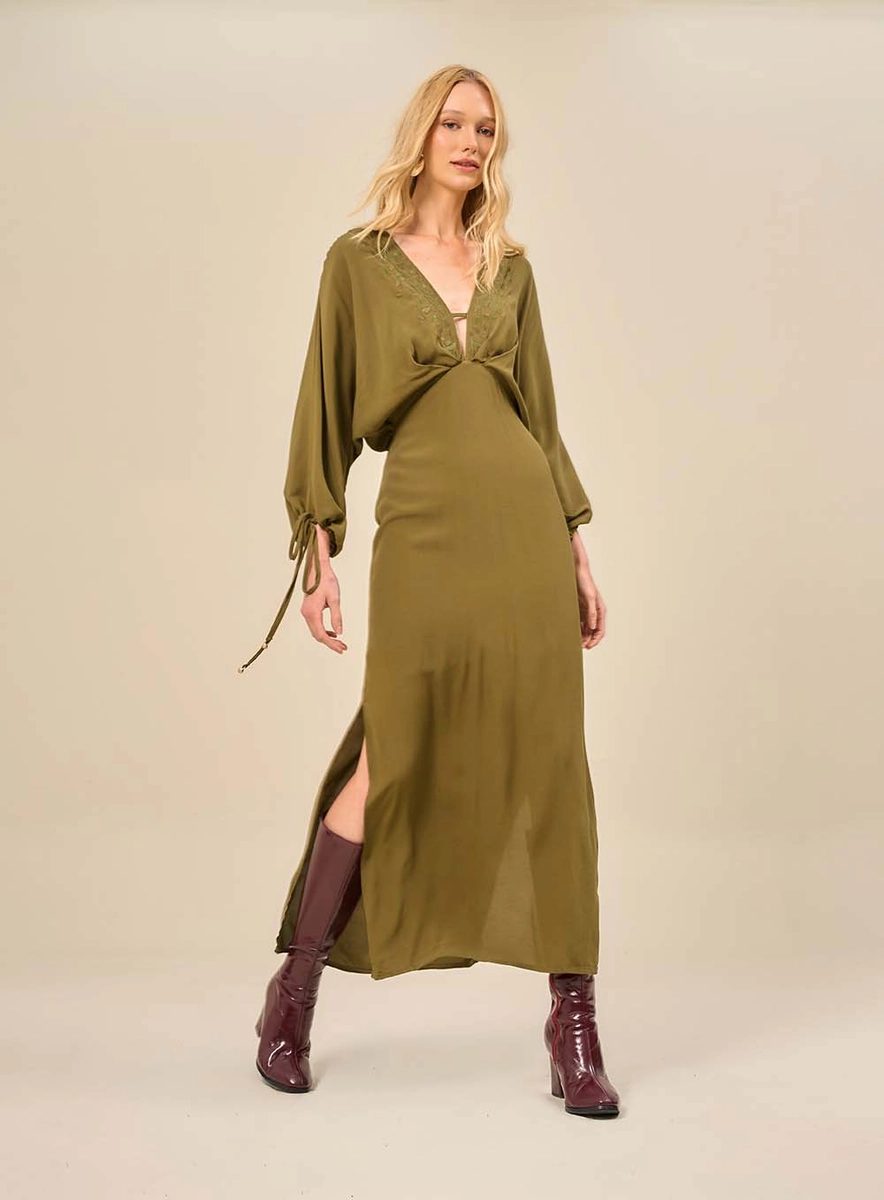 Vestido Longo Com Mangas Amplas Verde Souisy