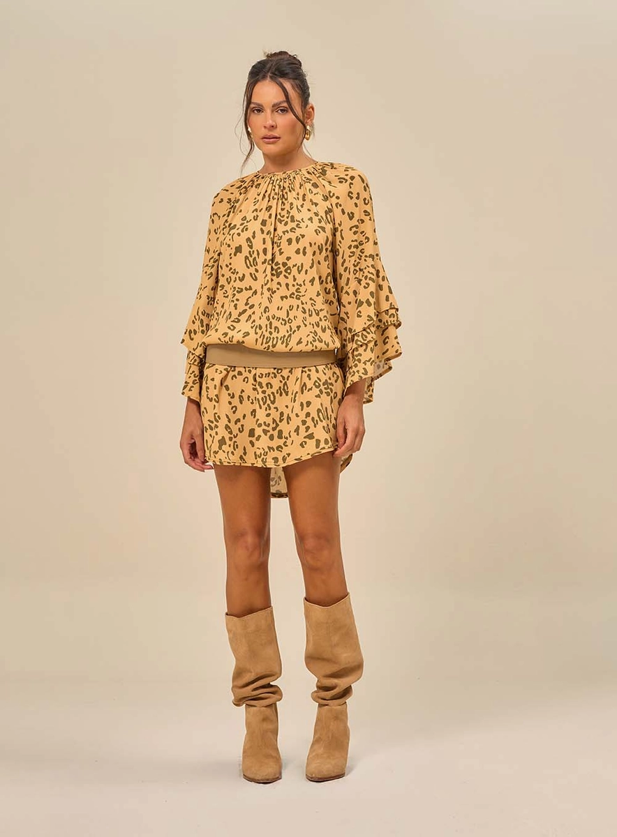 Vestido Curto Estampado Com Gola Franzida Estampados Souisy