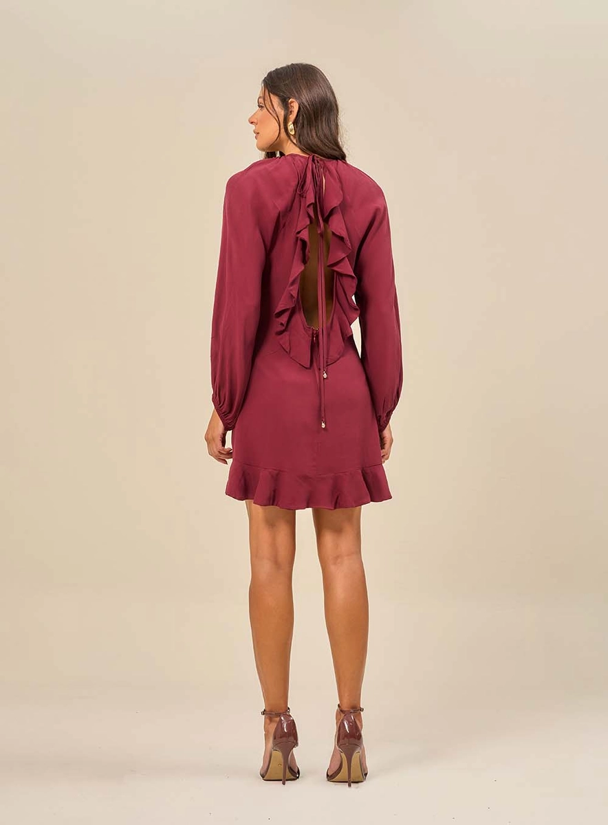 Vestido Curto Com Babados E Aplicações Bordô Souisy