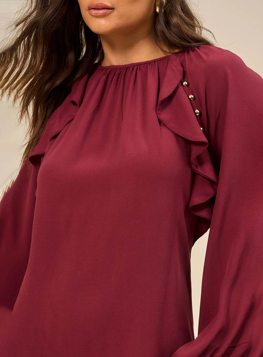 Vestido Curto Com Babados E Aplicações Bordô Souisy