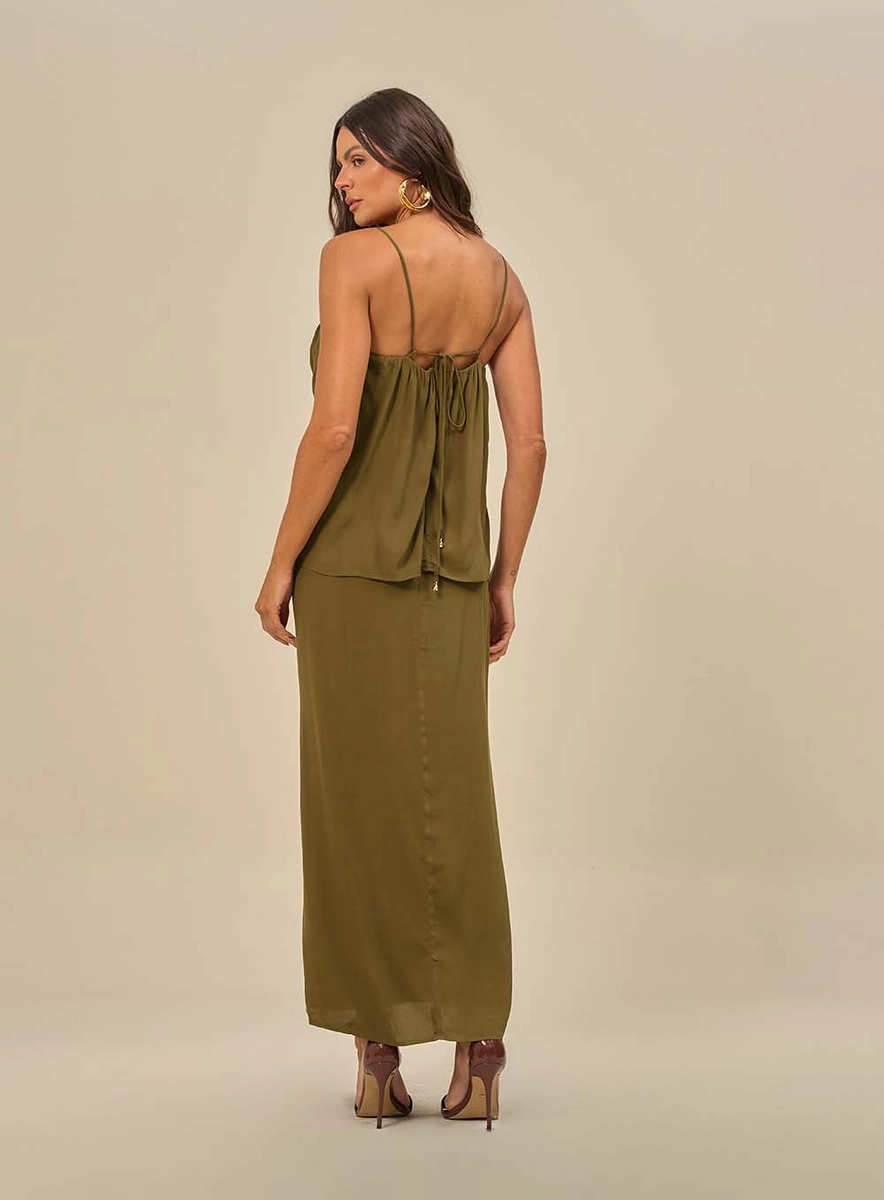 Vestido Longo Com Alças Finas E Franzido Verde Souisy