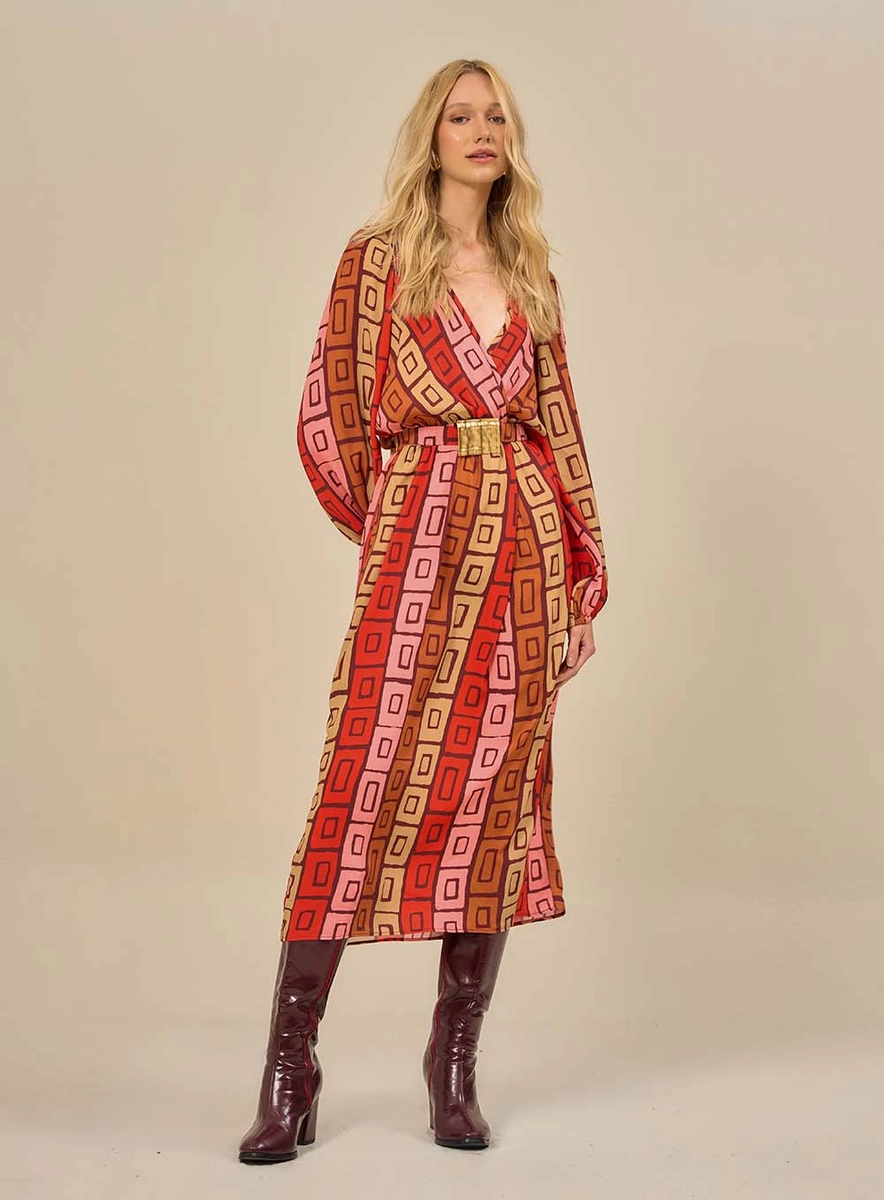 Vestido Midi Com Estampa Geométrica Estampados Souisy