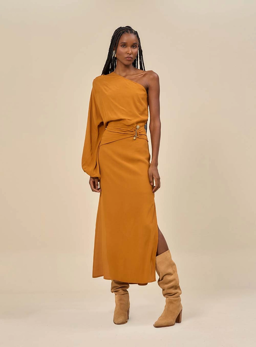 Vestido Longo Com Uma Manga Longa Marrom Souisy