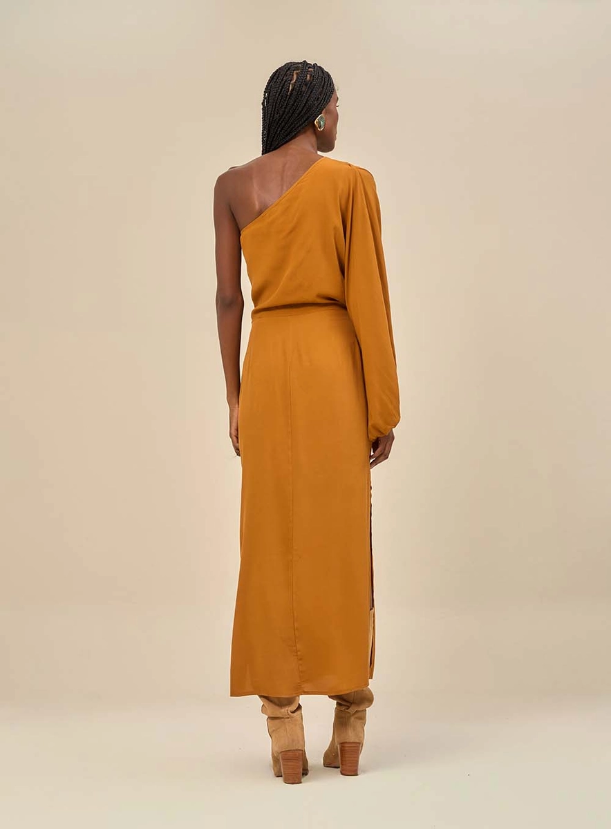 Vestido Longo Com Uma Manga Longa Marrom Souisy