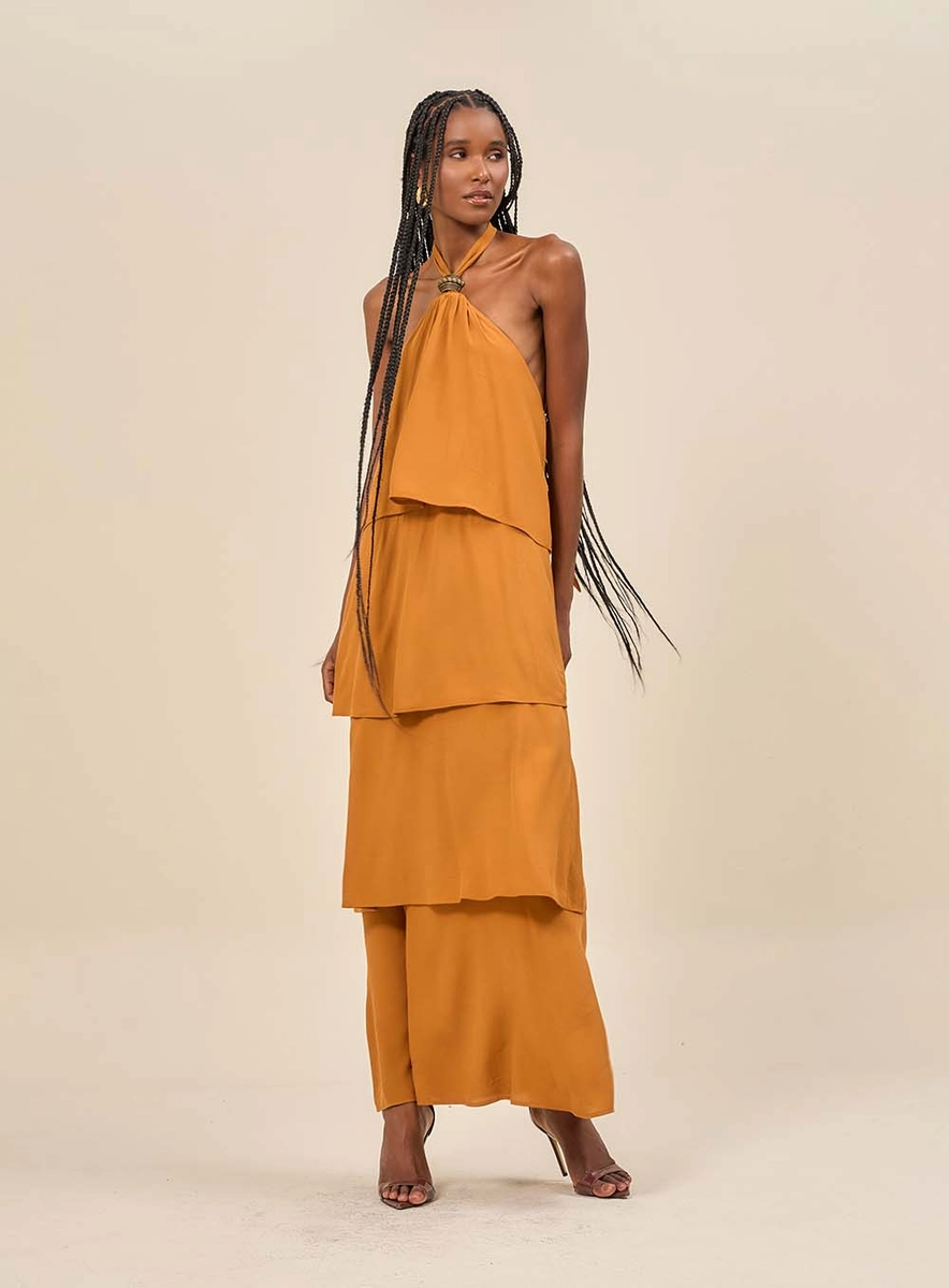 Vestido Longo Com Camadas Marrom Souisy