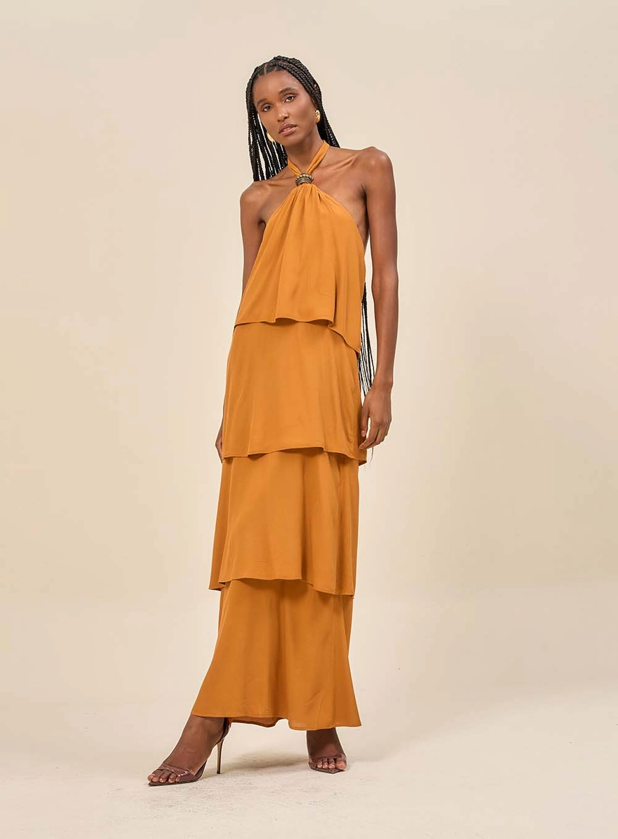 Vestido Longo Com Camadas Marrom Souisy
